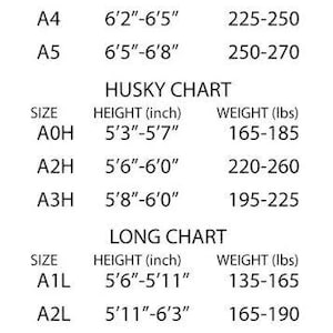 Puede incluir: Un gr&aacute;fico blanco con texto negro muestra tallas, alturas en pulgadas y pesos en libras para productos Shoyoroll. Los gr&aacute;ficos incluyen tallas Est&aacute;ndar, Husky, Long y Fitted, con las medidas correspondientes.