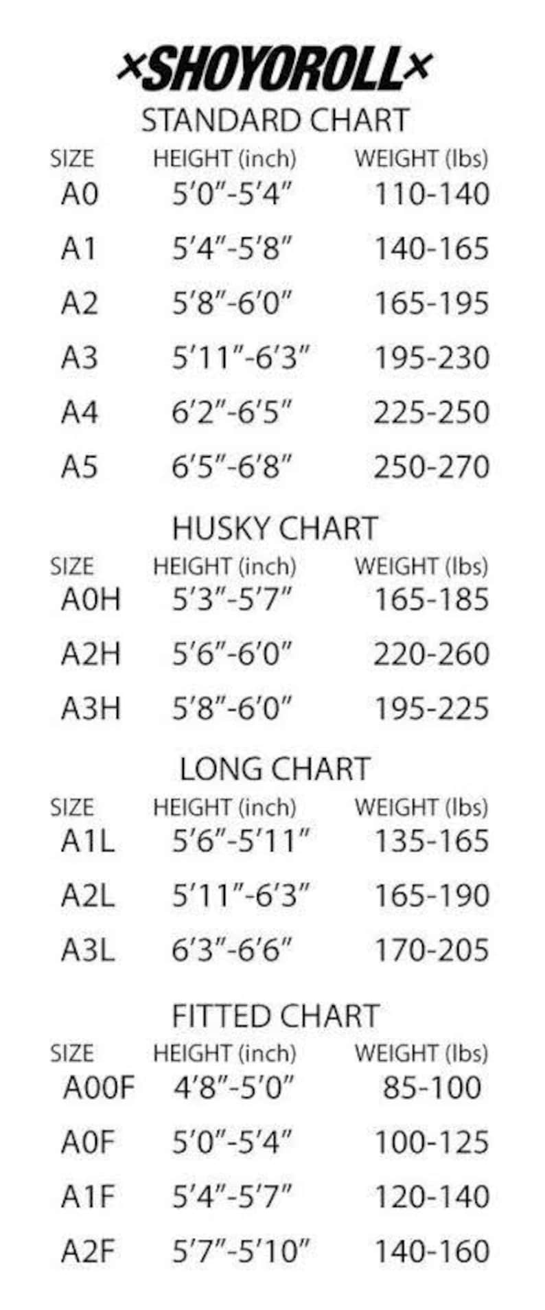 Puede incluir: Un gr&aacute;fico blanco con texto negro muestra tallas, alturas en pulgadas y pesos en libras para productos Shoyoroll. Los gr&aacute;ficos incluyen tallas Est&aacute;ndar, Husky, Long y Fitted, con las medidas correspondientes.