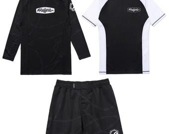 Shoyoroll Barb Wire Training Rash Guard LS/SS and Training Fitted Shorts, Bjj, MMA, Compression Top, and Grappling, No-Gi Jiu Jitsu Set