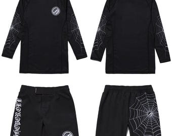 Shoyoroll Batch #117 Araneae Rash Guard LS and Training Fitted Shorts, BJJ MMA Gear Set, Limited Edition Spider Design, Jiu-Jitsu Activewear
