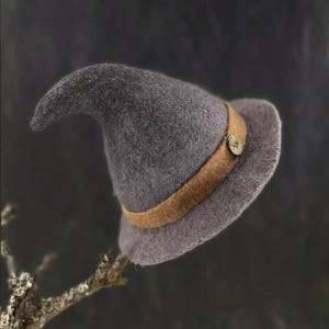 May include: A gray witch hat with a curved tip, featuring a brown band and a button. The hat is made of felt and has a wide brim. The hat is a Halloween costume accessory.