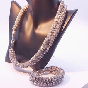 Silver Rhinestone Macrame Choker and Bracelet Set, Handmade Statement Jewelry