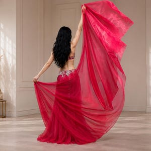Red Pearl Chiffon Belly Dance Veil 270x115cm | Shimmer Dance Veil Scarf | Lightweight Floating Belly Dance Veil | Stage Performance Prop | O