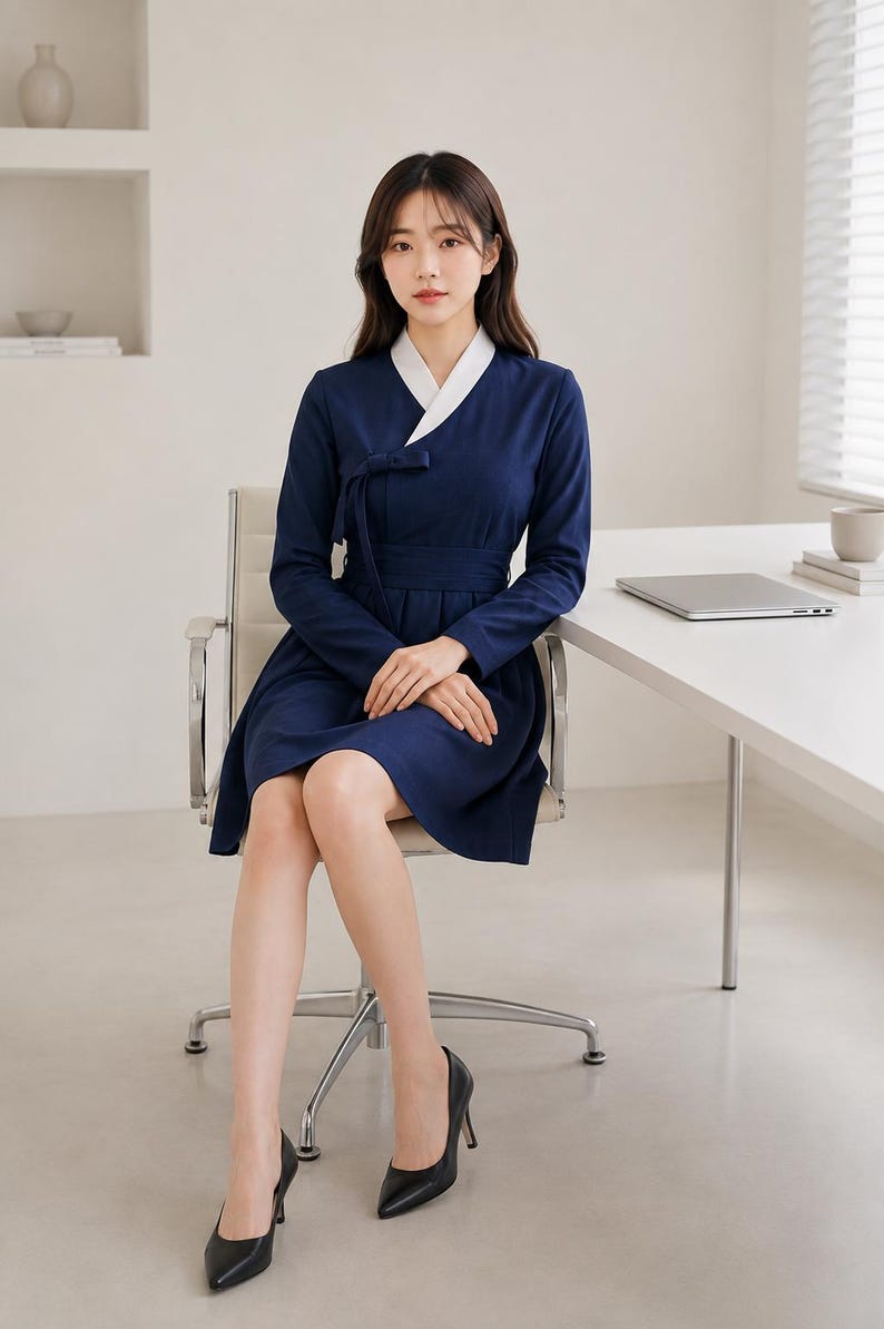 May include: A navy blue dress with long sleeves and a white V-neck collar. The dress features a wrap-style bodice with a tie closure at the waist, a fitted midsection, and a flared skirt that reaches above the knees. The fabric is solid navy blue.