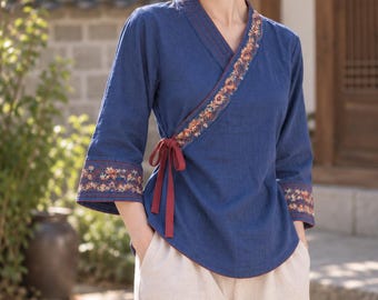 Women's Korean Hanbok Linen Jeogori Blue Blouse, Embroidered V-Neck Shirt, Traditional Korean Clothing, Casual Autumn Top Chuseok
