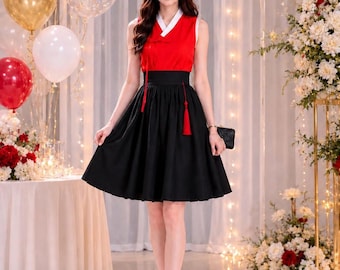 Korean Hanbok Set Red Jeogori & Black Knee Length Skirt | Korean Traditional Dress | Seollal Outfit | Kpop Concert Outfit | Korean Fashion