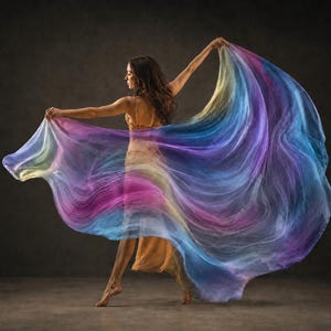 May include: A dancer is seen with a flowing, multi-coloured silk veil. The veil has a gradient of colours, including yellow, blue, purple, and pink. The dancer wears a gold costume, and the background is a dark grey.