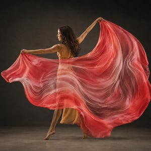 May include: A dancer with arms outstretched, holding a flowing, red and orange sheer fabric. The fabric creates a dynamic, swirling effect. The dancer wears a gold-toned, embellished costume, with long, dark hair. The background is a dark, neutral tone.