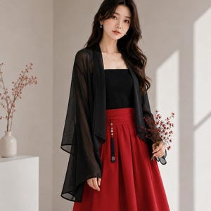 Svart skir chiffongkofta, lätt kimono för kvinnor, elegant meshjacka, sommarstrandklädsel, festivaloutfit, lager-på-lager-topp