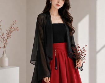 Red Black Hanbok Set of 3 Modern Korean Midi Skirt, Jeogori, Top Women Traditional Inspired Outfit Elegant modern blouse, k pop concert