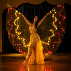 May include: A gold belly dance costume featuring a beaded bra and a long, flowing skirt with a high side slit. Large, translucent wing-like accessories are attached to the arms, illuminated by strings of warm yellow and red LED lights.