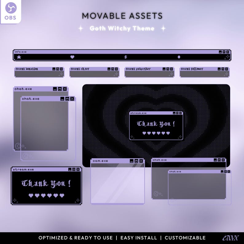 May include: A set of customizable, movable assets for streaming on OBS. The assets are designed in a goth witchy theme with a black and purple color scheme. The assets include a chat window, a donation window, a subscriber window, a follower window, a camera window, and a thank you window. The assets are optimized for easy installation and use.