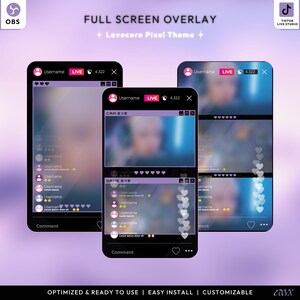 May include: Three smartphone screens displaying a live stream overlay with a purple and white Lovecore Pixel Theme. The screens show a live video feed with a chat and interactive elements. Text includes "FULL SCREEN OVERLAY" and "OPTIMIZED & READY TO USE".
