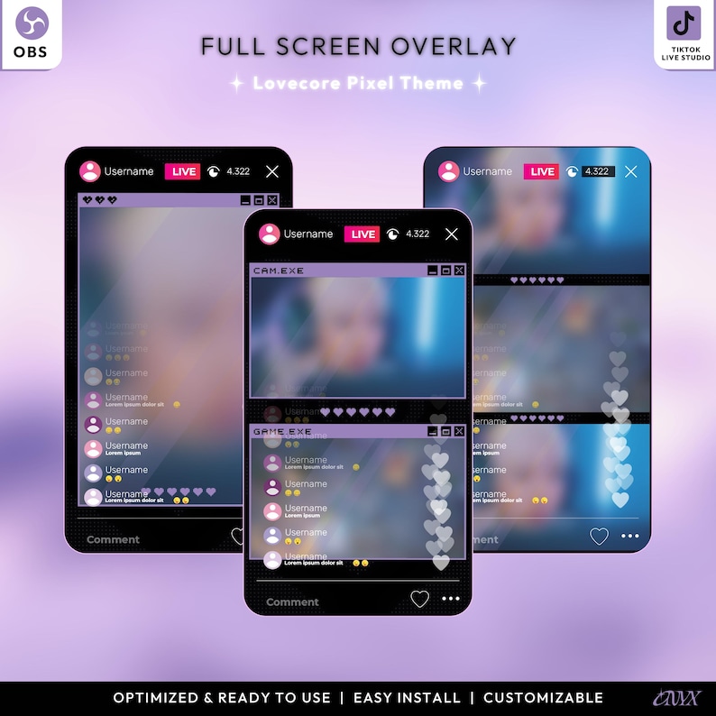 May include: Three smartphone screens displaying a live stream overlay with a purple and white Lovecore Pixel Theme. The screens show a live video feed with a chat and interactive elements. Text includes "FULL SCREEN OVERLAY" and "OPTIMIZED & READY TO USE".