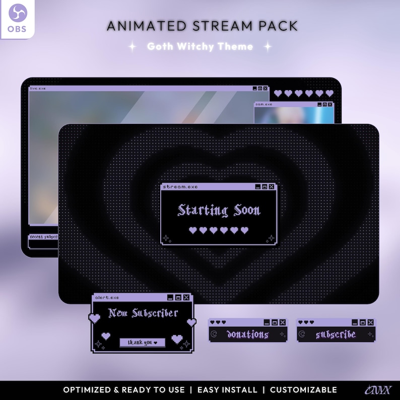 May include: Animated stream pack with a goth witchy theme. The pack includes a starting soon screen, a new subscriber alert, a donations alert, and a subscribe alert. All of the alerts are in a pixelated style with a black and purple color scheme.
