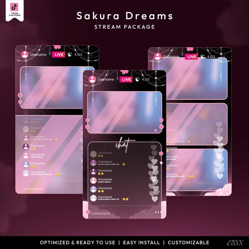 May include: A digital stream package titled "Sakura Dreams" with a pink and black color scheme. The design includes user interface elements such as usernames, a live indicator, and a chat section. The package is optimized, easy to install, and customizable.
