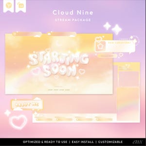 May include: A digital streaming package titled "Cloud Nine" with a pastel color scheme. The design includes elements like a "Starting Soon" screen, subscriber alerts, and an "About Me" section. The overall aesthetic is soft and dreamy.
