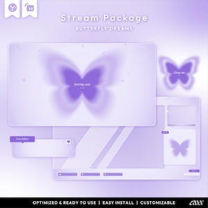 May include: A digital stream package titled Butterfly Dreams featuring a light purple gradient background with blurred butterfly motifs. The set includes overlays with text such as Starting soon, About me, and New follow, designed for live streaming.