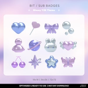 Glossy Y2K Twitch Bit & Sub Badges, Pastel Cute Badges for Streamers, Kawaii Aesthetic Channel Icons, 2000s Aesthetic 3D Twitch Badges