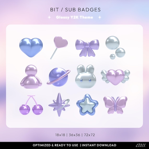 Glossy Y2K Twitch Bit & Sub Badges, Pastel Cute Badges for Streamers, Kawaii Aesthetic Channel Icons, 2000s Aesthetic 3D Twitch Badges
