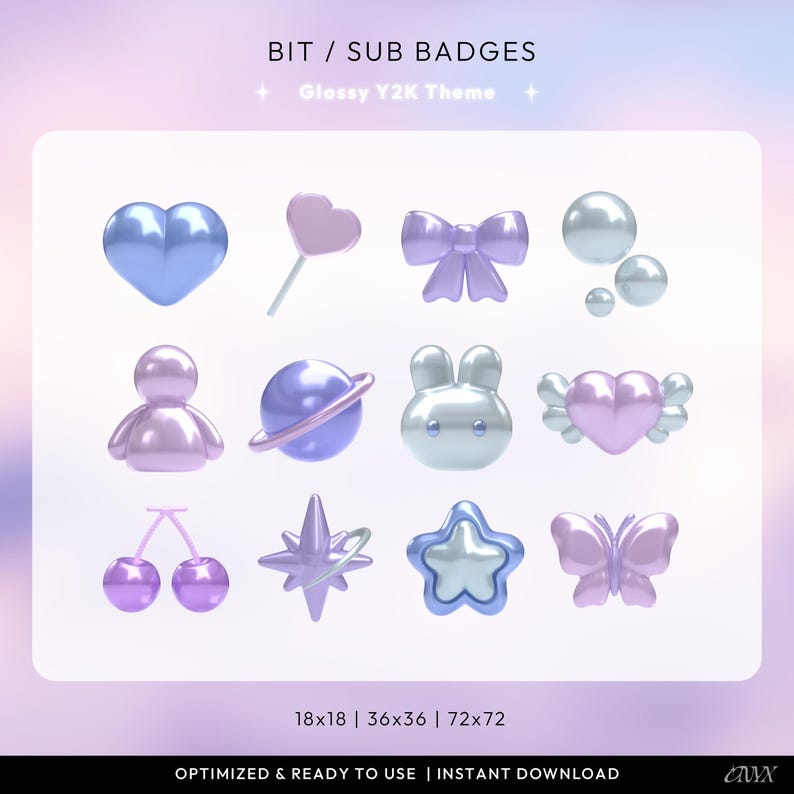 May include: A collection of glossy Y2K-themed badges in various shapes, including a heart, bow, planet, bunny, and star. The badges are in shades of blue, purple, and silver, with the text "BIT / SUB BADGES" and "Glossy Y2K Theme".