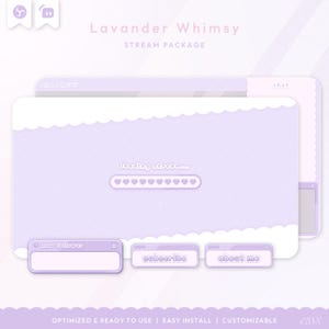 May include: A digital stream package with a lavender and white color scheme. The design includes a loading screen with heart icons, and buttons labeled "new follower", "subscribe", and "about me". The text "Lavander Whimsy" is at the top.