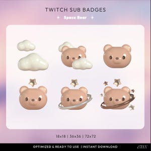 Puede incluir: Un conjunto de insignias de suscripción de Twitch con temática de oso espacial. Las insignias presentan un oso pardo con nubes, estrellas y un anillo planetario. El texto "TWITCH SUB BADGES" y "Space Bear" se muestran en la parte superior.