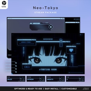 May include: A digital stream package with a Neo-Tokyo theme. The design features a futuristic interface with blue accents and Japanese text. The main screen displays anime eyes and the text "STARTING SOON". Includes overlays for new subscribers, chat, and rules.