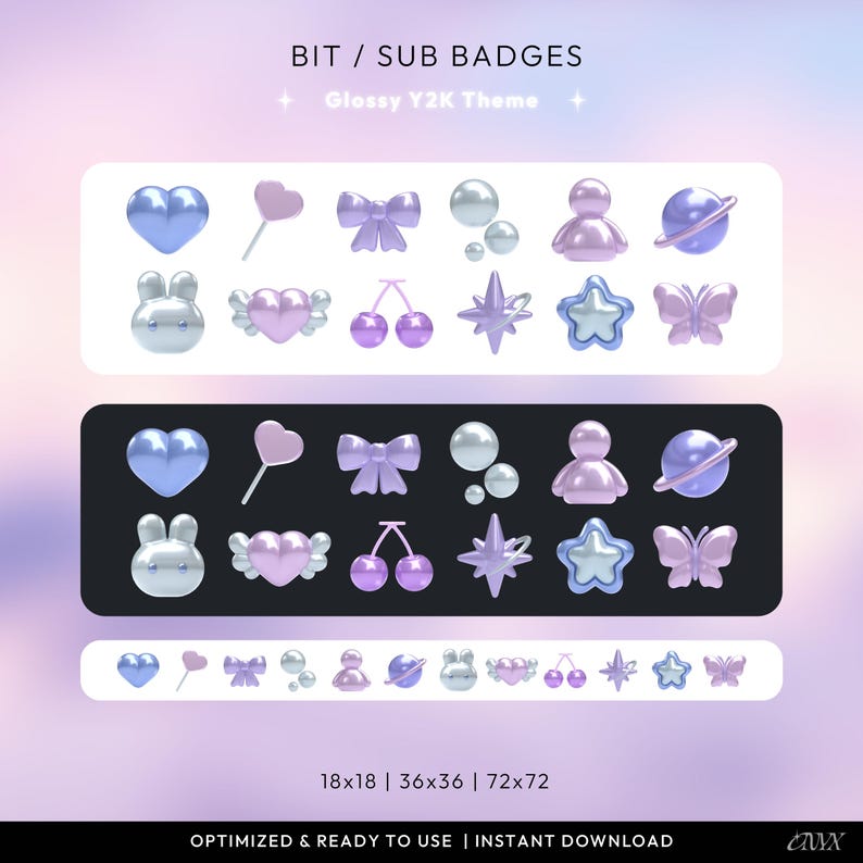 May include: Digital badges in a glossy Y2K theme. The badges include hearts, lollipops, bows, pearls, people, planets, bunnies, winged hearts, cherries, stars, and butterflies. The image includes the text "BIT / SUB BADGES" and "Glossy Y2K Theme".