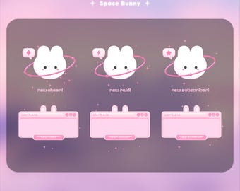 May include: Animated alerts with a space bunny theme. The image features three sets of alerts, each with a white bunny head and a pink ring. Text includes "new cheer!", "new raid!", and "new subscriber!" with pink alert boxes.