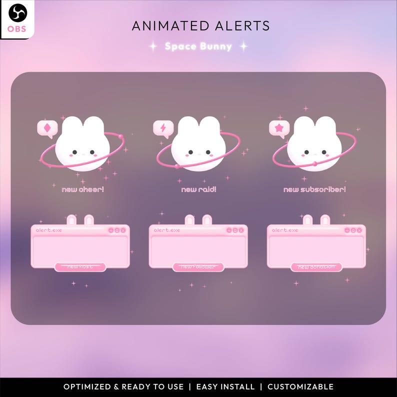 Pink Raid Alert Pink Space Bunny | Animated Alerts Pack for Twitch | Cute Pastel Twitch ...