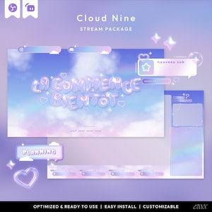 Peut inclure: Un ensemble de streaming numérique sur le thème des nuages. Le design présente une palette de couleurs douces de violet, de bleu et de rose. Le texte comprend "Cloud Nine", "Stream Package" et des phrases françaises. Des cœurs et des étoiles sont également présents.