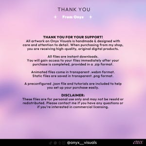 May include: A digital graphic with a gradient pink and purple background. The text reads "THANK YOU From Onyx" at the top, followed by a message of appreciation for support, and details about the digital products, including file formats and usage.