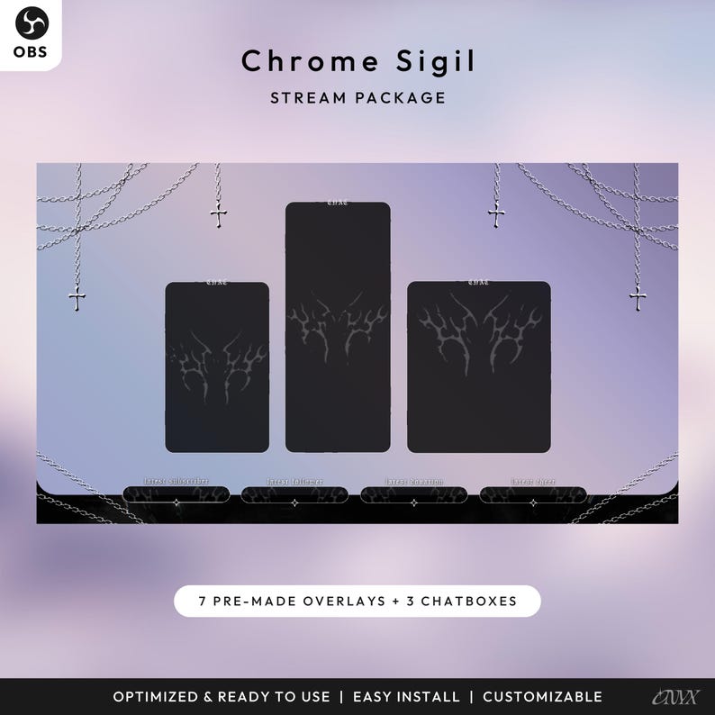 May include: A digital stream package with a chrome sigil design. The package includes 7 pre-made overlays and 3 chatboxes. The design features black rectangles with tribal-like patterns, silver cross chains, and text that reads "Chrome Sigil" and "Stream Package."