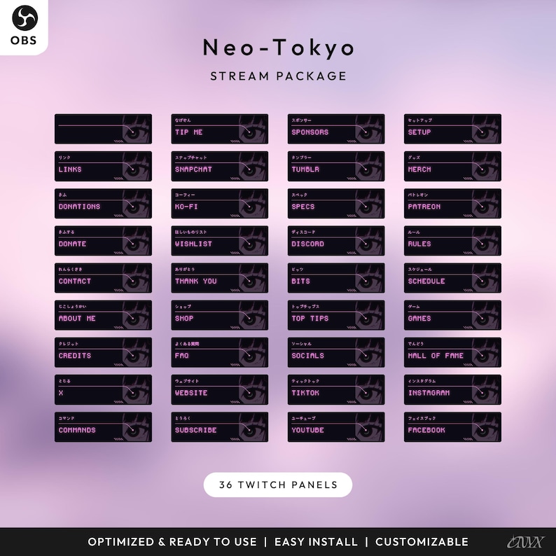 Może przedstawiać: Pakiet streamowania Neo-Tokyo z 36 panelami Twitch. Każdy panel jest czarny z r&oacute;żową obw&oacute;dką i zawiera stylizowaną grafikę oka. Tekst zawiera "Linki", "Darowizny", "O mnie", "Sklep", "Subskrybuj" i linki do medi&oacute;w społecznościowych.