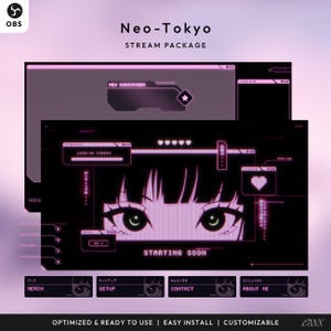 Neo-Tokyo, Cyberpunk Anime Twitch Overlay Pack, Neon Pink & Black Animated Stream Package, Gaming Overlay, Glitchcore OBS Scenes