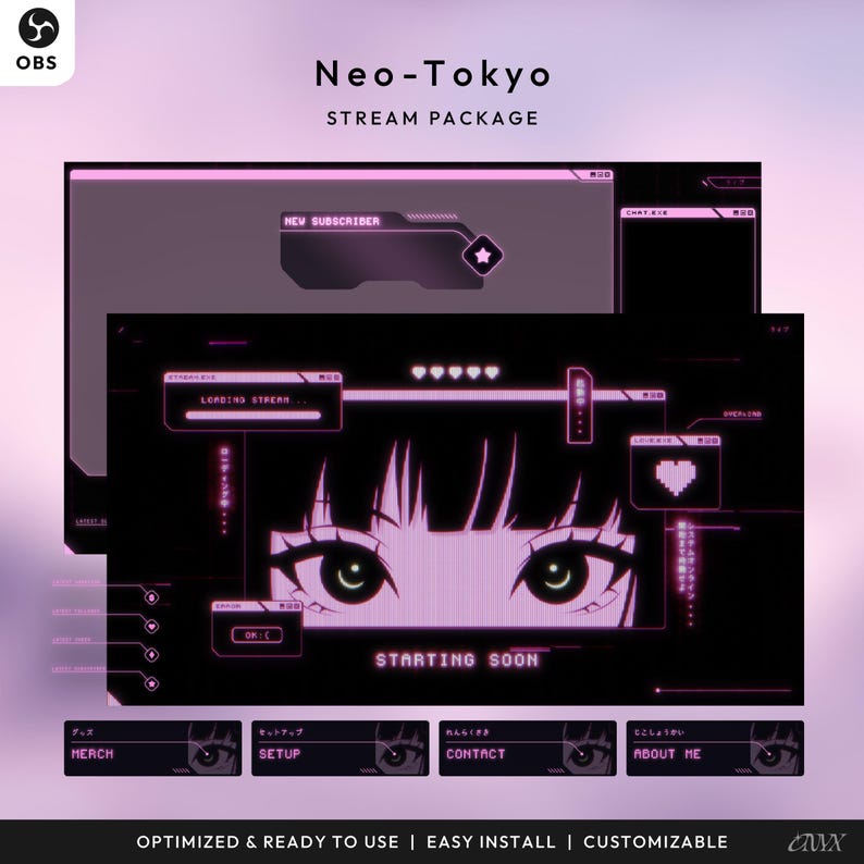 Może przedstawiać: Cyfrowy pakiet streamingu w stylu Neo-Tokyo. Projekt charakteryzuje się czarno-r&oacute;żową kolorystyką z oczami w stylu anime i tekstem "Starting Soon". Zawiera panele dla merch, konfiguracji, kontaktu i o mnie.
