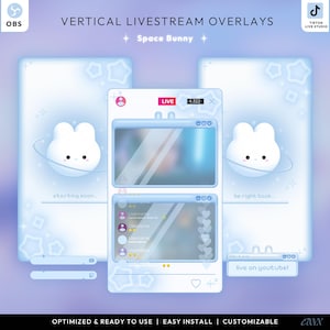 Puede incluir: Un diseño digital para superposiciones de transmisión en vivo verticales. El diseño presenta una combinación de colores azul claro con un tema de conejito espacial. El texto incluye "VERTICAL LIVESTREAM OVERLAYS", "Space Bunny" y "live on youtube!". El diseño está optimizado y listo para usar.