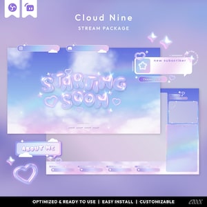 Peut inclure: Un ensemble de streaming numérique aux couleurs pastel. Le design comprend un fond de nuages et de ciel, avec le texte "Cloud Nine" et "Starting Soon". Des éléments supplémentaires incluent des boîtes de chat et des icônes de médias sociaux.