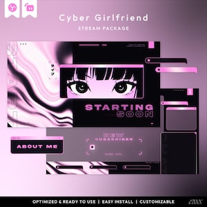 Puede incluir: Un paquete de transmisión digital en rosa y negro con ojos de estilo anime y el texto "Cyber Girlfriend". El diseño incluye elementos de superposición con texto como "Starting Soon", "About Me" y "New Subscriber".