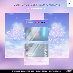 Puede incluir: Superposiciones de transmisión en vivo verticales con un diseño de nube. La imagen presenta tres pantallas con forma de teléfono con los textos "Start Soon" y "Be Right Back". La pantalla central muestra una interfaz de transmisión en vivo con un nombre de usuario, un indicador de transmisión en vivo y una sección de comentarios.