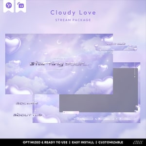 Puede incluir: Un paquete de transmisión digital con un tema de nubes de ensueño en tonos morados y blancos. El diseño incluye elementos en forma de corazón, el texto "Cloudy Love" y "Starting soon...", e iconos de redes sociales. El paquete está optimizado y listo para usar.