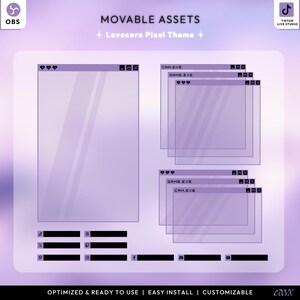 May include: A digital graphic design featuring a purple and white pixel theme. The design includes transparent window-like shapes, social media icons, and the text "MOVABLE ASSETS" and "Lovecore Pixel Theme". The design also includes the text "OPTIMIZED & READY TO USE | EASY INSTALL | CUSTOMIZABLE".