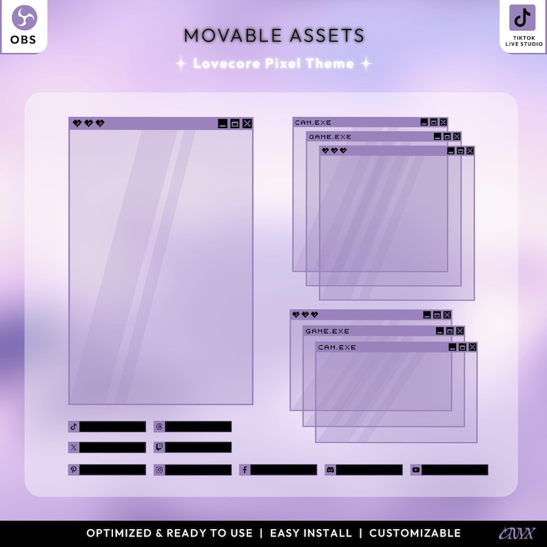 May include: A digital graphic design featuring a purple and white pixel theme. The design includes transparent window-like shapes, social media icons, and the text "MOVABLE ASSETS" and "Lovecore Pixel Theme". The design also includes the text "OPTIMIZED & READY TO USE | EASY INSTALL | CUSTOMIZABLE".