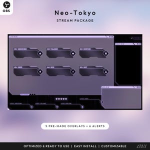May include: A digital overlay package for live streaming, featuring a futuristic design with a dark purple and black color scheme. The package includes pre-made overlays and alerts, with text that reads "Neo-Tokyo Stream Package."