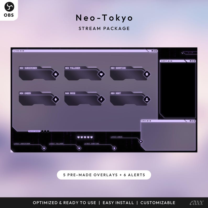 May include: A digital overlay package for live streaming, featuring a futuristic design with a dark purple and black color scheme. The package includes pre-made overlays and alerts, with text that reads "Neo-Tokyo Stream Package."