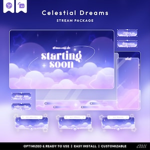 May include: A digital streaming package, "Celestial Dreams", with a purple and blue celestial theme. It features overlays with text including "starting soon", "rules", "donate", and "chat". Additional elements include "about me" and "subscribe" buttons.