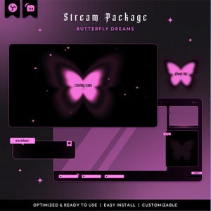 Puede incluir: Un paquete de streaming digital titulado Butterfly Dreams con un tema en morado oscuro y negro con gráficos de mariposas rosas brillantes. Incluye superposiciones con texto como starting soon, about me y new follower, junto a elementos.