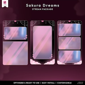 May include: A digital stream package titled "Sakura Dreams" with a pink and black theme. The design includes frames with pink gradients, cherry blossom accents, and decorative hanging lights. The text "Sakura Dreams" and "Stream Package" are displayed.