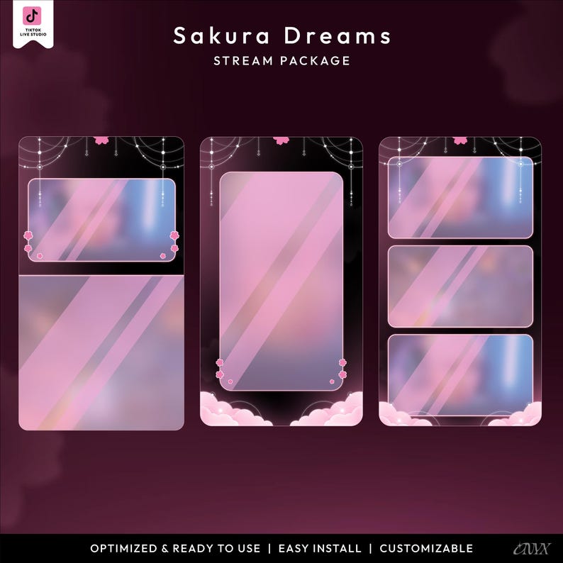 May include: A digital stream package titled "Sakura Dreams" with a pink and black theme. The design includes frames with pink gradients, cherry blossom accents, and decorative hanging lights. The text "Sakura Dreams" and "Stream Package" are displayed.